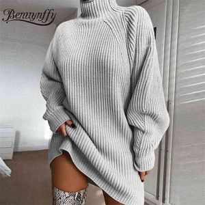 Outono inverno mulheres turtleneck malha camisola vestido lanterna manga casual quente feminino vestidos de tamanho grande 210510