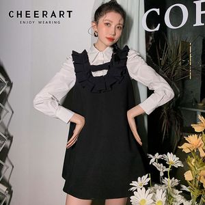 サスペンダー背中の小さいドレスの女性のノースリーブA線かわいいフリルの小さな黒いスピルン夏の韓国のファッション210427