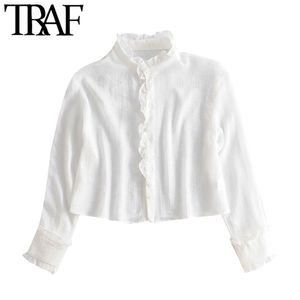 Women Fashion See Through Ruffles Cropped Blouses Vintage Long Sleeve Button-up Female Shirts Blsuas Chic Tops 210507
