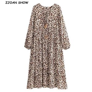Bohemia Schnürung V-Ausschnitt Tier Leopard Langes Kleid Khaki Ethnische Frau Ärmel Quaste Riemchen Urlaubskleider Strand 210429