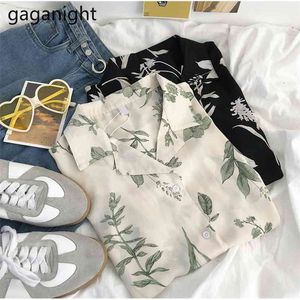 Chic Vintage Leaf Pattern Printed Blouses Short Sleeve Lapel Button Up Womens Shirt Summer Casual Blusas Tops 210601
