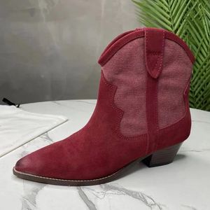 Classic Ankle Chelsea Women Boots Embroidery Pointy Toe Patchwork Suede Boot Real Leather Chunky Heel Short Booties Mujer