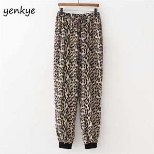 Vintage Leopard Pants Women Drawstring High Waist Casual Sport Lady Streetwear Satin Long Trousers Summer pantalon femme 210514