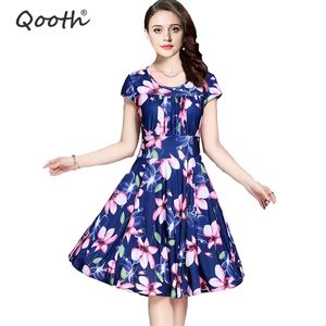 Qooth Women's Summer Dress Soft Smooth Milk Silk Plus size 3XL Knee Length A line Loose Floral Printed Casual Dress Women DF112 210518