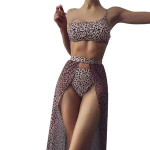 Women's Swimwear Women Swimsuit Set Leopard One Shoulder Bikini Bandeau Bra High Waist Panty With Split Skirts Separate Swimsuits