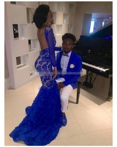 Black Girl Royal Blue Lace Prom Evening Dresses backless Mermaid Bateau Illusion Long Sleeves vestaglia donna Formal Evening Gowns Arabic
