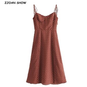 Francuski Lato Polka Dot Print Bandaż Spaghetti Pasek Biała Midi Sukienka Retro Sexy Kobiety Sznurowanie Sling Slit Sukienki Vestido 210429