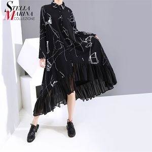 新しい女性プラスサイズ秋の長袖黒ビンテージシャツドレスプリントシフォンフリルレディカジュアルドレスローブ緩いスタイル6505 210329