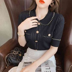 Retro Hohl Eis Seide Gestrickte Pullover Dünne Taste Kurzarm T-shirt Top Sommer Koreanische Mode frauen kleidung 210520