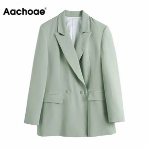 Women Office Wear Double Breasted Blazer Long Sleeve Elegant Green Jacket Female Notched Collar Outerwear Coat 210413