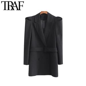 TRAF Mulheres Vintage Elegante Escritório Desgaste Dupla Breasted Blazer Casaco Moda Longo Spruff Manga Com Cinto Mulher Outerwear Chique Tops 211122