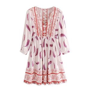 Jastie 여름 여성 드레스 히피 세련된 Boho 꽃 무늬 인쇄 미니 드레스 휴일 짧은 해변 드레스 3/4 슬리브 여성 Vestidos 210419