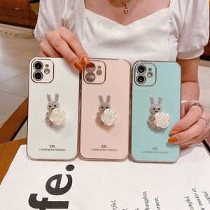 Electroplate Luxury 3D Cute Glitter Bling soft Phone Cases For iPhone 12 11 Pro X XS Max 7 8 Plus Cover funda White Rose Diamond rabbit Case