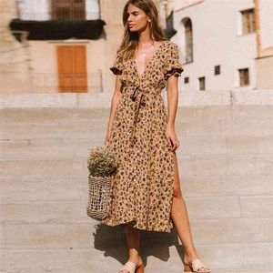 V neck leopard dot print short sleeve long dress Women sexy split bandage summer dress Beach maxi boho Elegant Dress Robe 210415