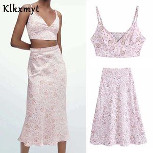 KlkxMyt za moda Nerkodza druk bez rękawów Crop Tops Women Cysterny Camis i wysoka talia Długa spódnica Dwa kawałki zestawy 210527