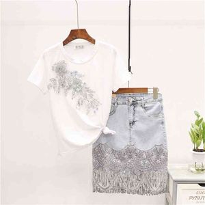 Summer Fashion Beading Embroidery T-shirt Sequins Tassel Denim Skirt Set Women Loose White Tee Short Jeans Skirt Suit Female 210730