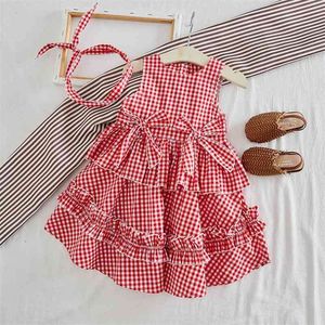 Sommarflickor klänning Plaid Casual Ärmlös Party Princess + Headband Söt Barnens Barnbarn Tjejer Kläder 210625