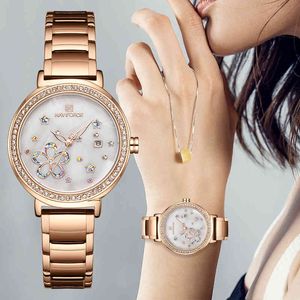 NAVIFORCE Женские часы Модные креативные женские наручные часы из розового золота из нержавеющей стали Водонепроницаемые часы Relogio Feminin 210517