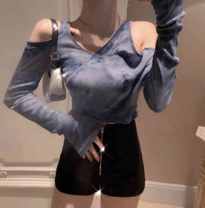 Pamuk Kadın Tişörtleri Koyu Mavi Kravat Boya Uzun Kollu T-Shirt Seksi Kapalı Omuz Her İki Tarafta Top 635F 210420