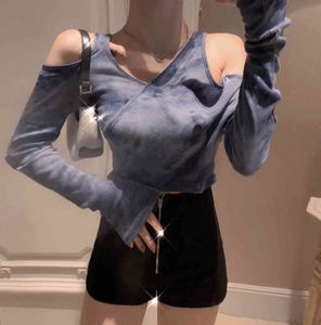 Cotton Women Tshirts Dark blue tie dye Long Sleeve T-shirt 's Sexy Off Shoulder on both sides Top 635F 210420