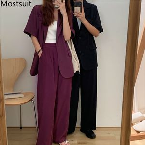 夏のオフィスの韓国のブレザースーツの衣装女性の半袖+ワイドレッグパンツセットカジュアルなファッションソリッド2ピース210518