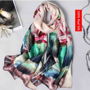 Toppkvalitet Real Silk Scarf Kvinnor 2021 Fashion Floral Tryckta Sjalar Och Wraps Lång Mjuk Foulard Ladies Vinter Neck Scarves