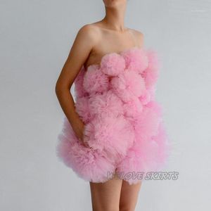 Casual Jurken Roze Tulle Blossom Strapless Party Prom Jurken Custom Made Shorty Puffy Woman Avond Draag Jurk