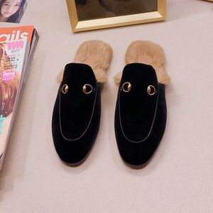 Women's Princetown Loafers Fall/Winter Warm ull tofflor Klassisk metallspänne broderade sandaler herrläderhalva överskor