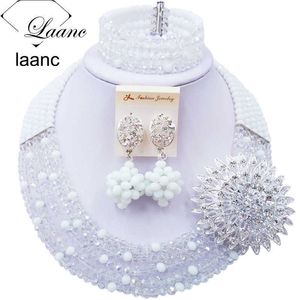 Wunderschönes weißes, transparentes Kristall-Perlen-Halsketten-Kostüm, nigerianische Hochzeit, afrikanische Perlen-Schmuckset für Frauen 5SZK007 H1022