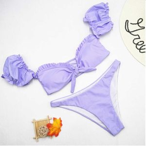 Mor bir Omuz Lace Up Bikini Setleri Kadın Mayolar Katı Bikinis 2020 Mujer Şınav İpli Mayo Kravat Mayo Y0820