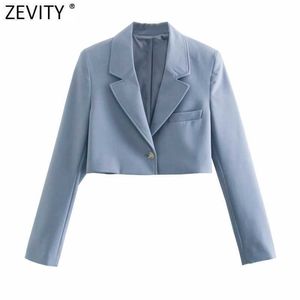 Zevity 2021女性のファッションシングルボタン切欠き短いフィッティングブレザーコートオフィスの女性の忙しい女性シック作物トップスSW715 x0721