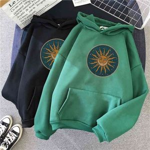 Sun и Moon Hoodie Vintage Женщины Капюшона Толстовка Зима Хараджуку Невазительные Дамы Готический Свободные Толстовые Толстовые Толстушки Уличные Толстовки 210909