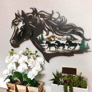 Decorative Objects Figurines Metal Western Horse Shadow Home Decor Forest Animal Wide Rustic Metal Wall Art Decoration Gift For Special Oc
