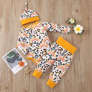 Kleidungssets Baby Kinder Jungen Mädchen Herbst Outfits Niedlich Langarm Leopard Regenbogen Print Strampler + Hose Top Knoten Hut 3-teiliges Set