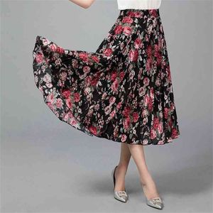 Vintage elegante impressão floral plissado midi saia mulheres moda uma linha elástica cintura senhoras saias casuais faldas mujer 210421