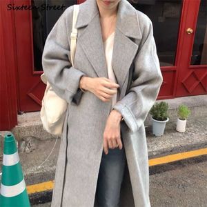 Vintage grå ulljacka för kvinna höst vinter förtjockad överdimensionerade blandningar långa rockar kvinnliga koreanska mode streetwear kläder 211104