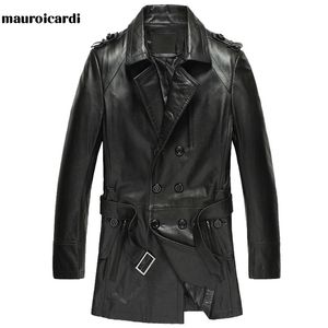 Mauroicardi Autumn Black Pu Leather Trench Coat for Women Long Sleeve Double Breasted Elegant Luxury British Style Fashion 211110