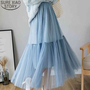 Spring Sweet Women Tulle Mesh Skirts High Waist Elascity Solid Casual Party Ladies Long Maxi Midi Pleated Skirt 8963 210417