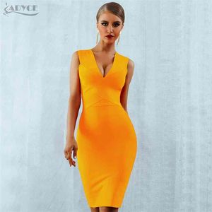 Adyce Summer Women Bandage Dress Vestidos Red Orange Tank Sexy Deep V-Neck Sleeveless Bodycon Celebrity Runway Party 210623