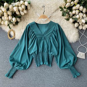 Singreiny Kadınlar Tasarım Kore Bluz V Boyun Batwing Kollu Elastik Dantelli İnce Üst Bahar Moda Rahat Streetwear Kısa Bluz 210419