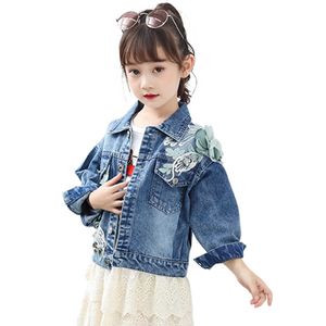 Mädchen Denim Jacke Blume Applikationen Mäntel Spitze Oberbekleidung für Kinder Frühling Herbst Kinder Kleidung 210528