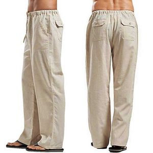 Homens de verão cor sólida linho multi-bolso reta calças casuais plus tamanho grande respirável confortável cordão solto calças y0811
