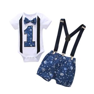 Baby Boy Clothes One Year Birthday Baby Costume Boys 1st Gentleman Tie Romper Straps Shorts Toddler Baby Clothing Set Outfits 2580 Q2