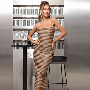 Donne Sexy Designer senza maniche a mezza vitello a strisce elegante Elegante celebrità BodyCon Dress Vestido 210416