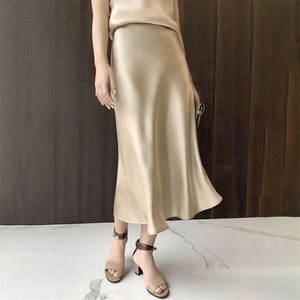 Silk Satin Skirts for Women High Waisted A-Line Elegant Summer Pink Midi Korean Fashion Style 220221