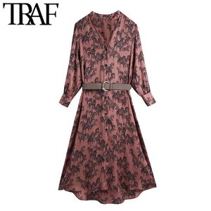 Traf Women Chic Modna moda z paskiem dla zwierząt przytulna sukienka midi vintage v szyja guziki żeńskie sukienki vestidos majer 210415