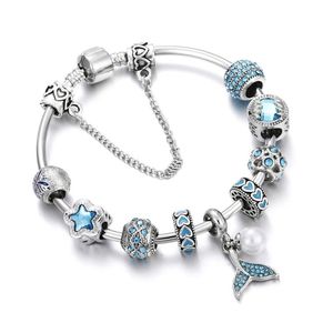 Schattige visstaart parel bedel armband met sliver ketting bloem kristal hanger originele kralen diy armbanden dames armbanden sieraden bangle