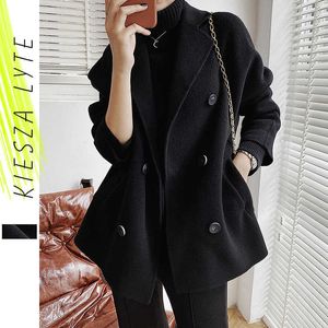 Vintage Wolle Mäntel Frauen Anzug Jacke Herbst Winter Schwarz Dicke Tasche Blazer Koreanische Stil WarmWoollen Oberbekleidung 210608