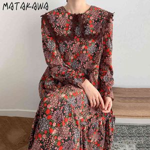 Matakawa Peter Pan Collar Maxi Sukienka Kobiety Koronkowe Szycia Luźne Femme Robe Koreańskie Ruffled Rękawy Pełny ekran Kwiatowy Vestidos 210513