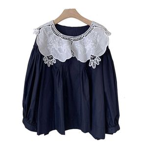 PERHAPS U Women Long Sleeve Shirt Blouse Puff Sleeve Navy White Solid Lace Collar Mori Girl Sweet Japan Style B0692 210529